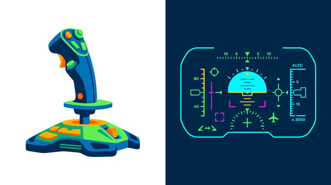 Flight simulator joystick and digital heads-up display vector illustration