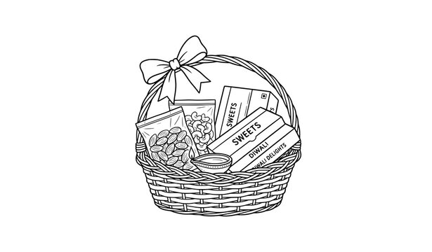 Diwali sweets and dry fruits gift hamper basket line art illustration for deepavali