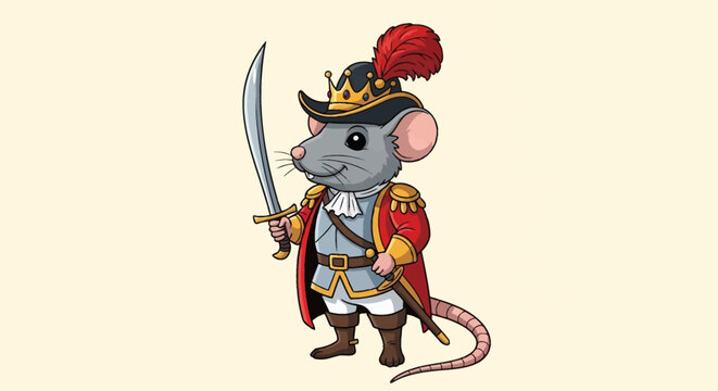 Vector illustration of a cute rat character dressed as a royal king or military leader, wearing a red coat with gold epaulettes, a crown on a plumed hat, holding a silver saber.