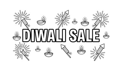 Diwali sale text banner background with line art diyas and firework rockets