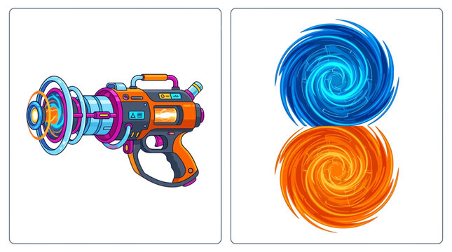 Sci-fi futuristic energy blaster and colorful portal vortex vector illustration set