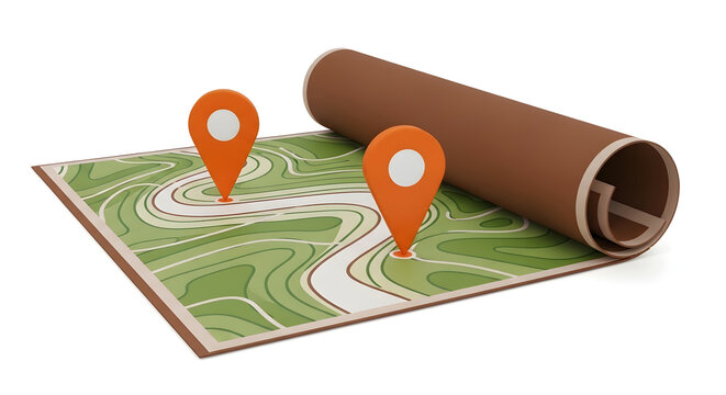 Map with location pins on rolled paper