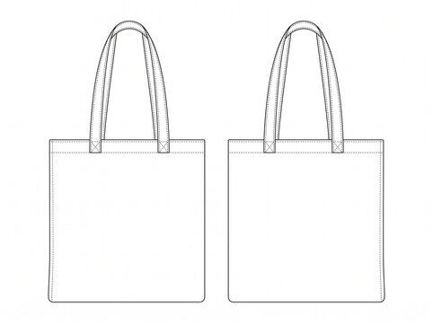 Basic shopping tote bag fashion technical sketch front and back view with standard shoulder straps