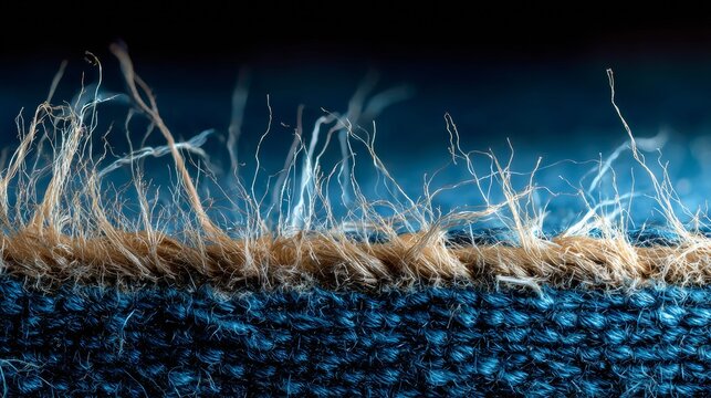 Extreme macro shot of a fabric's edge revealing a detailed textural composition of fibers. Contrasting blue and tan hues