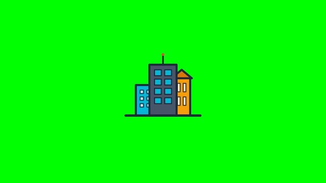 Vibrant 2D illustration of diverse city buildings on a green screen, ideal for animated urban scenes and graphic design projects requiring versatile vector architecture elements with easy compositing
