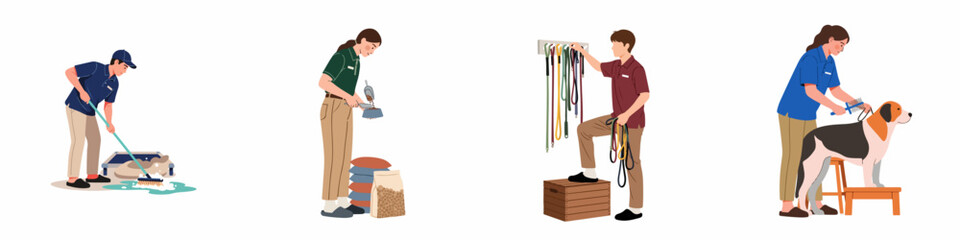 Fototapeta premium Professional pet care staff cleaning, feeding, organizing leashes, and grooming a dog at a pet shelter or kennel facility.