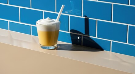 Obraz premium Refreshing Yellow Smoothie with Foam and Straw Against Blue Tiled Wall in Bright Sunlight