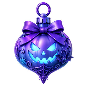 Ornate purple Halloween pumpkin ornament featuring a spooky carved face bow bat and spiderweb transparent background