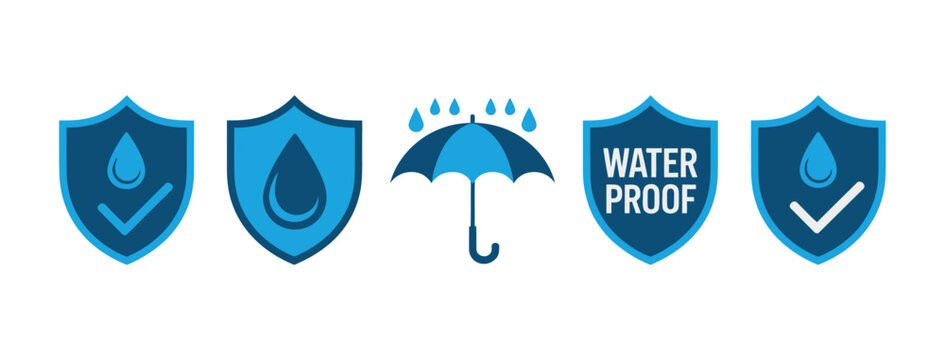 Waterproof icons, water resistant shield symbols, vector illustration, isolated on transparent background, packaging protection signs for shipping, storage, and product labeling.