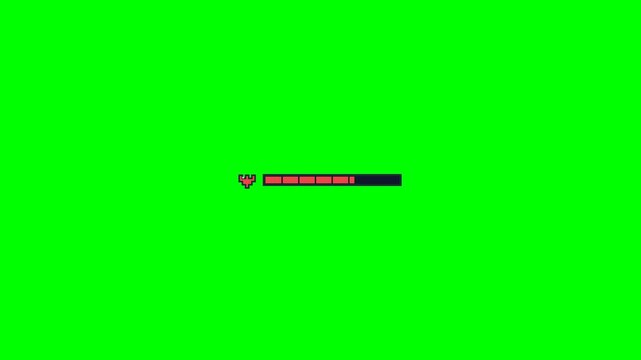 Green screen pixelated heart health bar for video game user interface graphic element on chroma key background, isolated digital illustration for easy overlay and video editing effects
