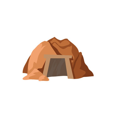 Flat Vector Cartoon Old Mine Entrance Tunnel in Desert Rocky Landscape