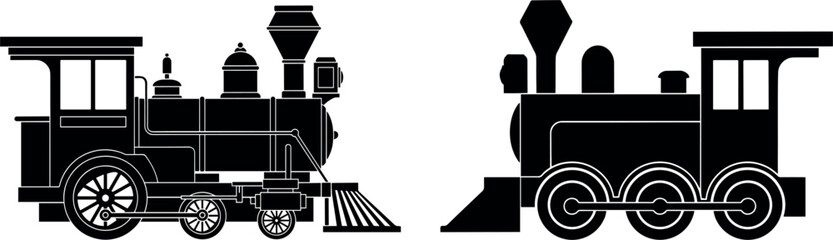 Vintage Steam Train Locomotive Silhouette Vector Set with Detailed Retro Railway Engine Cutout Icons for Signs, Tattoos, Logos, and Graphic Designs © Rubel