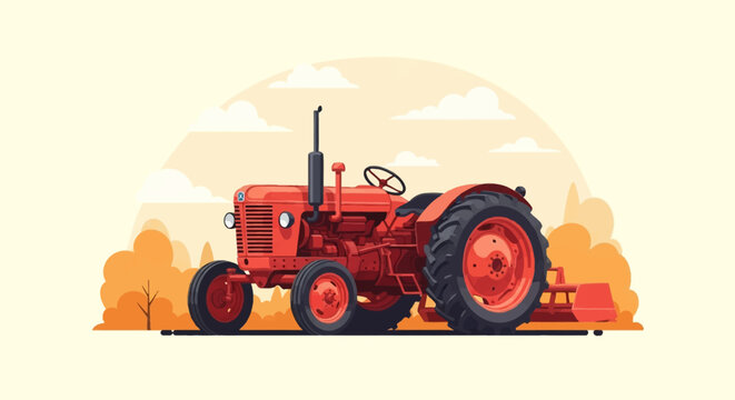 Red vintage farm tractor vector illustration set against a minimalist autumn landscape with stylized orange trees and soft white clouds. Retro agricultural machinery side profile view.