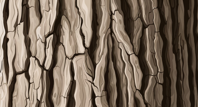 Vector illustration of old tree bark texture with deep vertical fissures and cracks in shades of brown and beige, detailed natural pattern for background or graphic design.