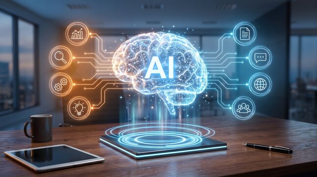 Holographic artificial intelligence brain hovering over desk connected to business workflow and digital technology network icons
