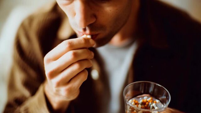A man in a brown jacket takes a bite of his food from a glass bowl.