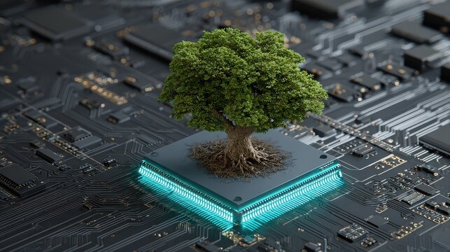 tree growing on a high-tech circuit board background image featuring technology, nature