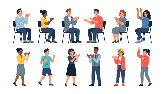 Happy diverse people clapping hands and cheering set vector character illustration sitting and standing isolated on white background.