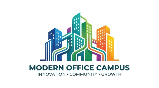 Modern office campus logo featuring interconnected buildings representing community growth.