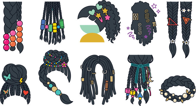 Black Braided Hairstyles Collection Vector Set with Cornrows Box Braids Dreadlocks Afro Pigtails Beaded Styles and Protective Hair Designs