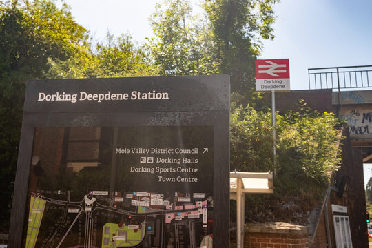 DORKING, SURREY - UK:  Dorking Deepdene station sign &ndash; Platform for trains to Gatwick Airport on the North Downs Line.