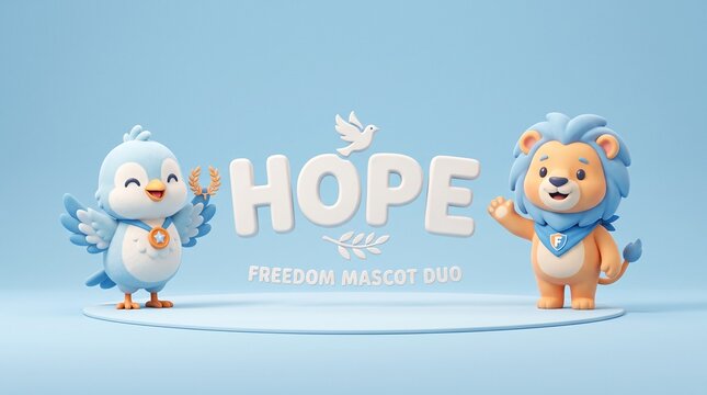 Cute Cartoon Bird and Lion Characters Celebrating Freedom and Harmony Concept on Pastel Blue Background