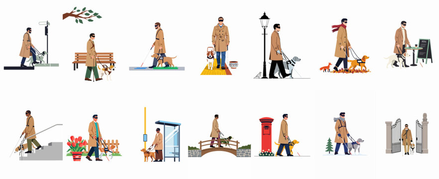 Flat illustration set of a visually impaired man with a guide dog and white cane navigating various everyday urban and nature environments.
