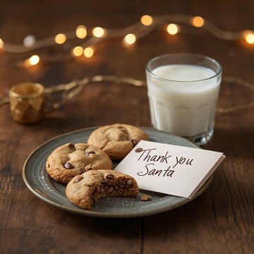 A plate of chocolate chip cookies with a glass of milk and a Thank you Santa note, perfect for a Christmas morning tradition