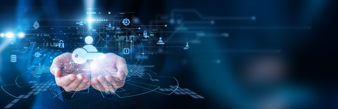 IT officer holding the security tablet Access Management system user control login protection identity verification data security permission monitoring cyber safety technology network protection.