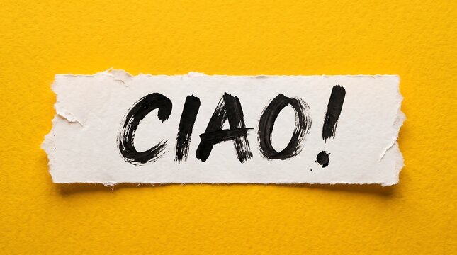 Handwritten "CIAO!" in black ink on a torn white paper strip, set against a bold, vibrant yellow background, perfect for creative travel themes, friendly greetings, and expressive design projects.