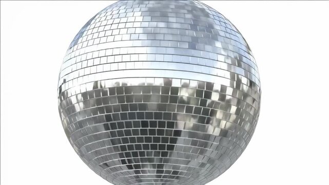 Shiny disco ball reflects light with mirrored facets. Clean white background highlights reflective surface. Perfect for party, dance, or festive themed projects