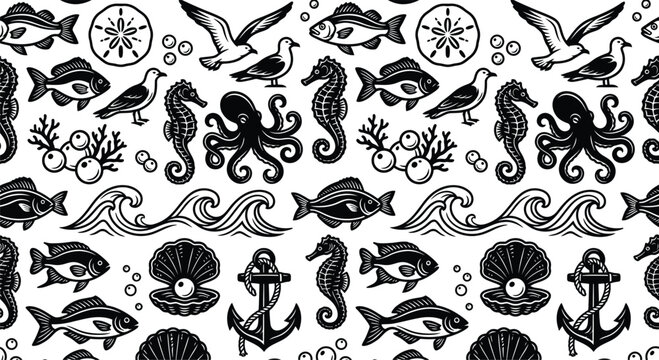 Seamless black and white nautical pattern featuring clean vector illustrations of fish, seahorses, octopuses, seagulls, anchors, sand dollars, ocean waves, and clams with pearls.