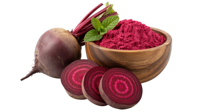 Fresh red beet root with sliced pieces and pink vegetable powder in wooden bowl spoon.