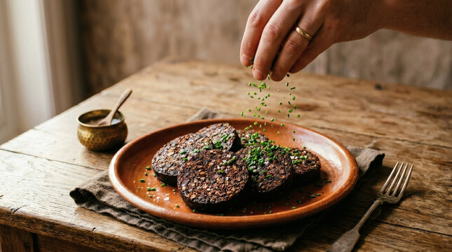 Black pudding slices on rustic terracotta plate with falling fresh chives