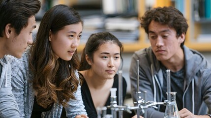 Obraz premium Four young adults focused on lab equipment during a science class session with glassware and metal fittings