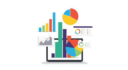Obraz premium Data Analysis and Financial Statistics Concept Illustration with Laptop and Colorful Business Charts, Graphs, and Infographic Elements on White Background