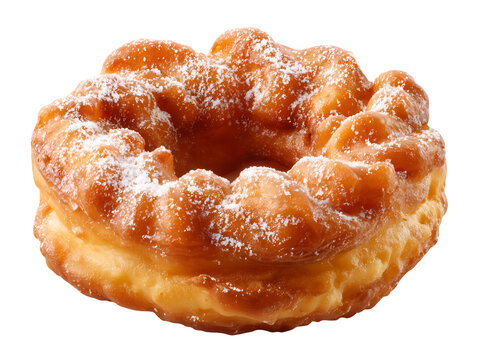 Golden Italian-American zeppole ring dusted with powdered sugar, crispy outside and soft inside, isolated on a white background.