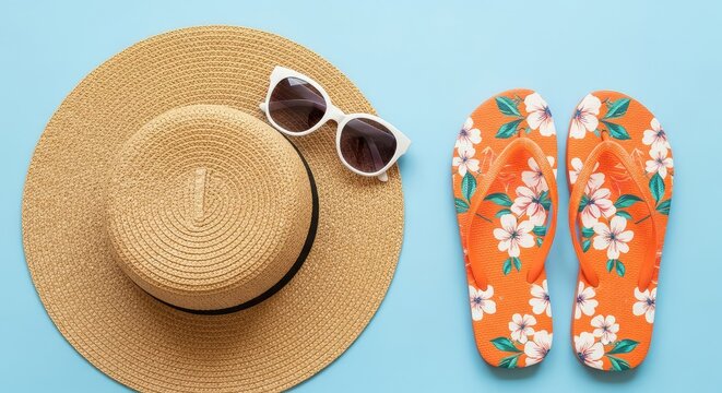 A woven straw beach hat sits with chic white framed sunglasses and orange floral patterned flip flops on a bright light blue background, floral, tourism, white