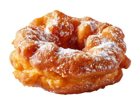 Traditional Italian-American zeppole ring dusted with powdered sugar, golden fried dough with a crisp exterior and airy interior, isolated on white.