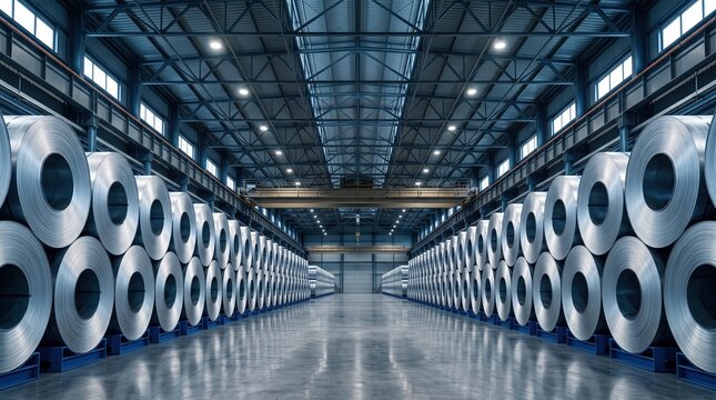 Steel coil storage facility interior with symmetrical rows