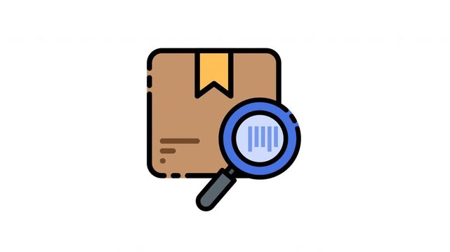 Magnifying glass over barcode on cardboard box icon.