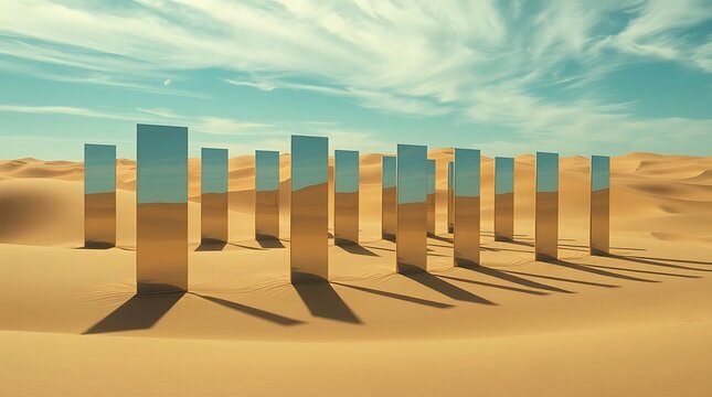 mirrored monoliths standing in a desert sand dune landscape