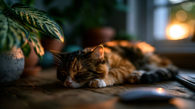 Calico cat sleeping peacefully on a wooden table beside a houseplant near a window