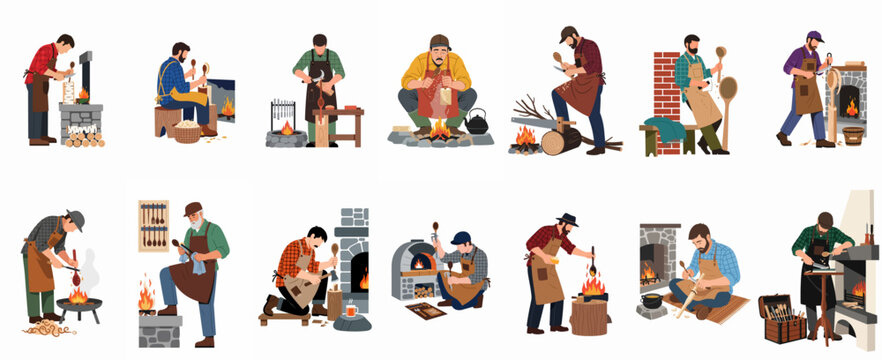 A collection of illustrations showing various male woodworkers and craftsmen carving wooden spoons and kitchenware in rustic settings with fireplaces and campfires.