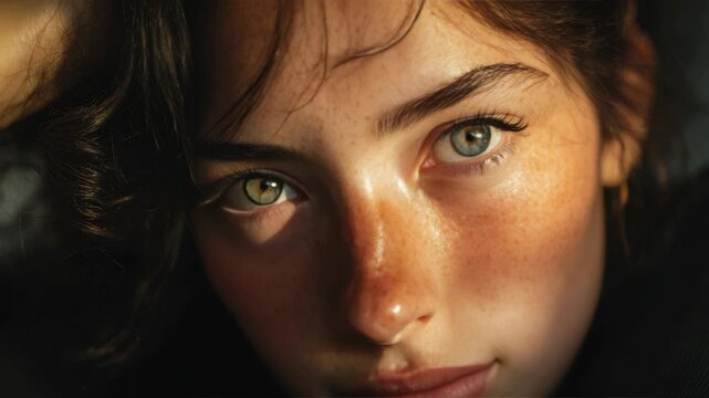 Close-up portrait of a young woman with green eyes. Soft light illuminates her face gently. Dark hair frames her delicate features. Warm tones emphasize her natural expression
