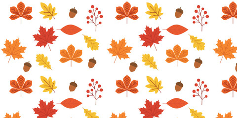 Thanksgiving seamless pattern featuring autumn leaves, acorns and berry branches © RahimAhmed
