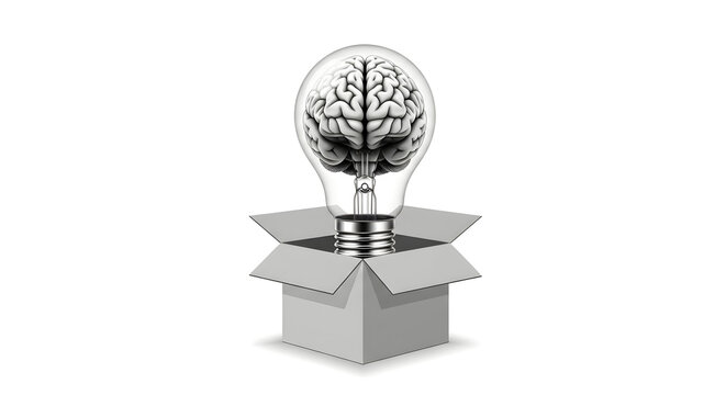 Creative brain inside light bulb emerging from open box