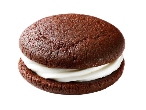 Classic chocolate whoopie pie with creamy vanilla filling, soft cake-like cookies sandwiched together, isolated on a white background.
