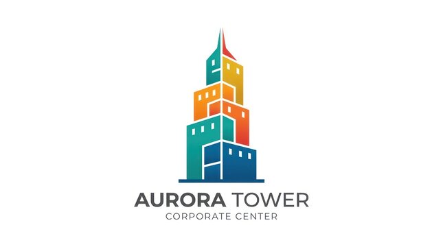 Creative corporate tower logo with layered building blocks in vibrant rainbow gradients.