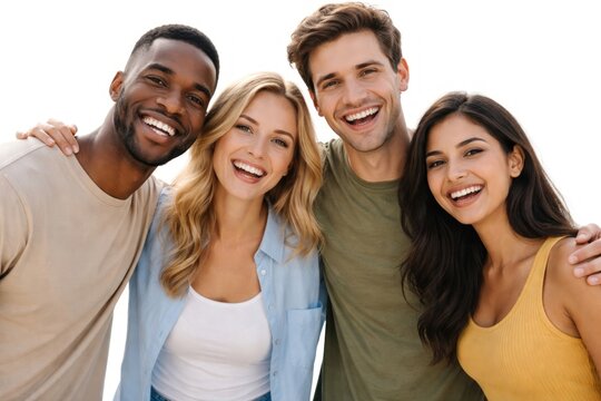 Diverse friends smiling together joyfully.